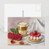 Coffee Latte Cheesecake Aardbei Roos Briefkaart (Voorkant / Achterkant)