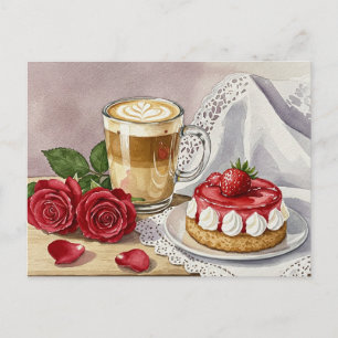 Coffee Latte Cheesecake Aardbei Roos Briefkaart