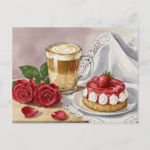 Coffee Latte Cheesecake Aardbei Roos Briefkaart (Voorkant)