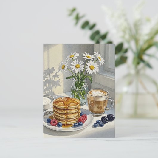 Coffee Latte Pannenkoeken Ontbijt Briefkaart (Staand voorkant)