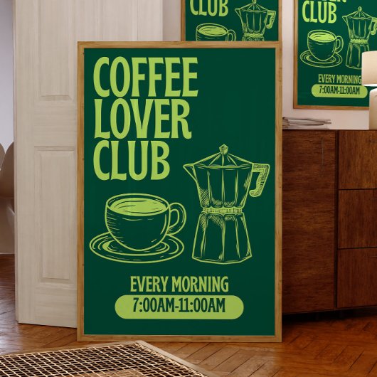 Coffee Lover Club Print, Retro Krijtbord Stijl Poster