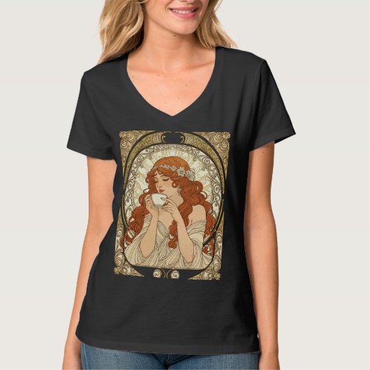 Coffee Lover in the Style of Mucha Art Nouveau T-shirt (Voorkant)