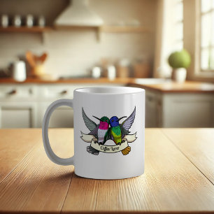Coffee Lover Tattoo Style Hummingbirds & Ribbon Koffiemok