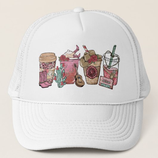 Coffee Lover Western Cowboy Thema Trucker Pet (Voorkant)