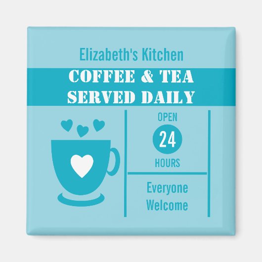 Coffee lovers custom name white blue magneet (Voorkant)