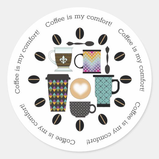 Coffee Lovers Mugs, Cups & Beans Patroon Ronde Sticker (Voorkant)