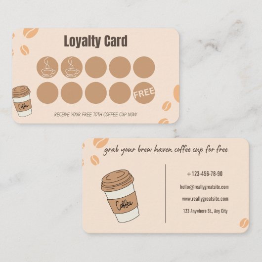 Coffee Loyalty Card Beige Boho Stempel Beloning (Voorkant / Achterkant)