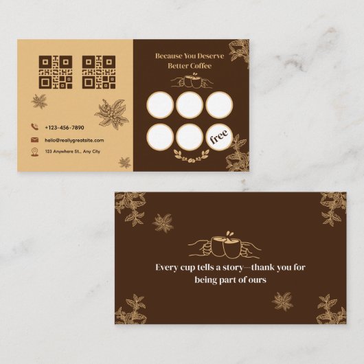 Coffee Loyalty Card Bruin Elegant QR-ontwerp (Voorkant / Achterkant)