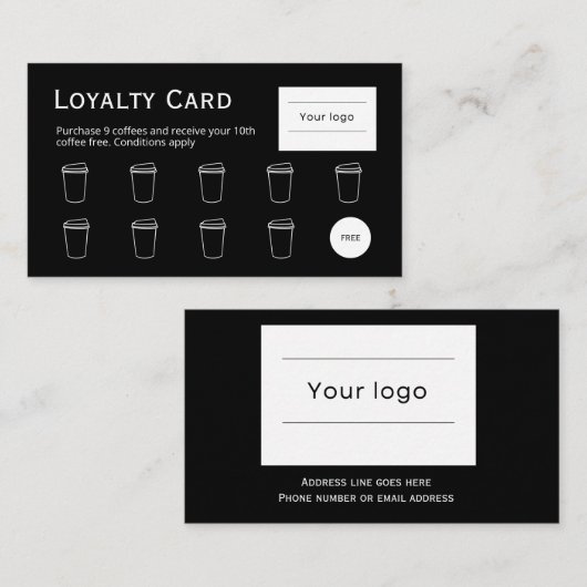 Coffee Loyalty Kaart, Schoon en eenvoudig zwart (Voorkant / Achterkant)