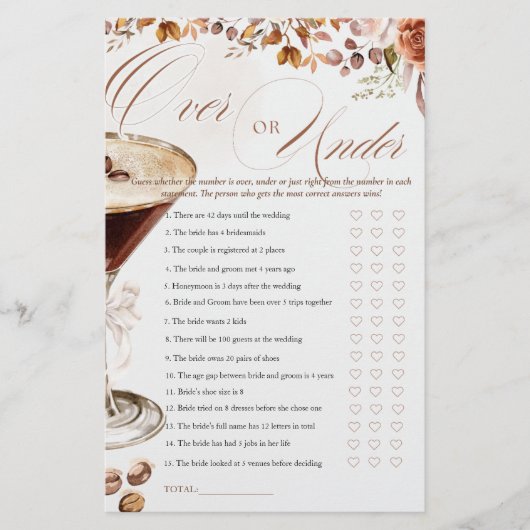 Coffee Martini Over or Under Bridal Shower Game (Voorkant)