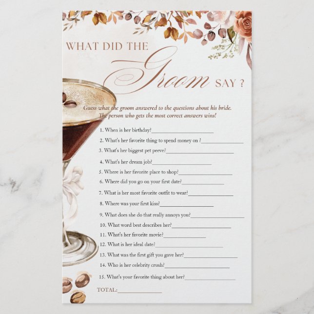 Coffee Martini What Groom Say Bridal Shower Game (Voorkant)