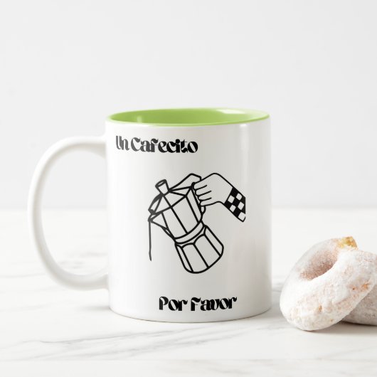 Coffee Mug, "Un Cafecito Por Favor", cute design Tweekleurige Koffiemok (Met donut)