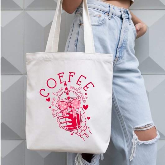 Coffee My One True Soulmate Red Hearts Skeleton Tote Bag