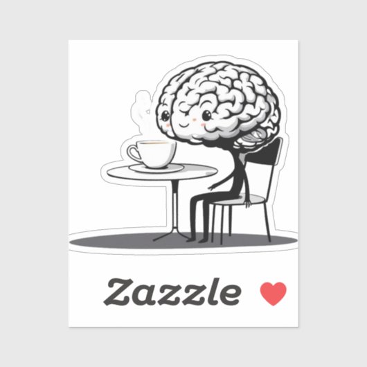 Coffee-Obsessed Brain Cartoon Sticker (Vel)