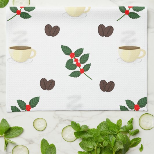Coffee Pattern with Beans, Cups, and Coffee trees Theedoek (Gevouwen)