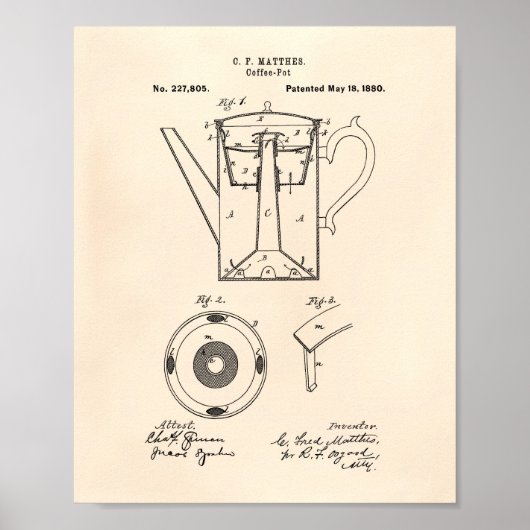 Coffee Pot 1880 Patent Art Old Peper Poster (Voorkant)