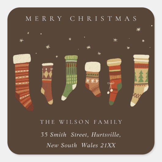 COFFEE RED GREEN STAR CHIRSTMAS STOCKINGS ADRES VIERKANTE STICKER (Voorkant)