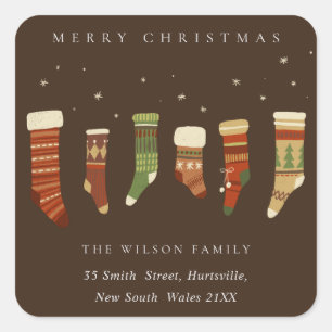 COFFEE RED GREEN STAR CHIRSTMAS STOCKINGS ADRES VIERKANTE STICKER
