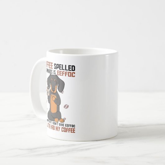 COFFEE Spelling Backwards is EEFFOC Doberman Drink Koffiemok (Voorkant links)