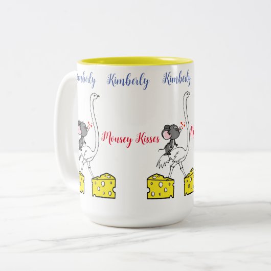 Coffee Tea Mokken, Mouse Ostrich Cheese Love Kisse Tweekleurige Koffiemok (Voorkant links)