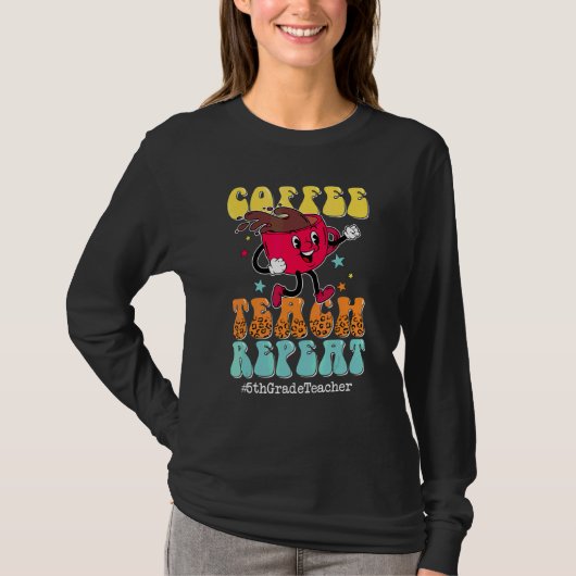 Coffee Teach Repeat 5e klas leraar luipaard achter T-shirt (Voorkant)