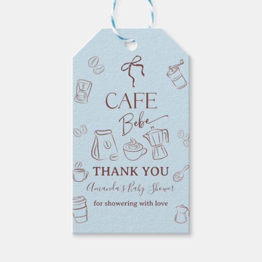 Coffee Theme Blue Bow Cafe Bebe Boy Baby Shower Cadeaulabel (Voorkant)