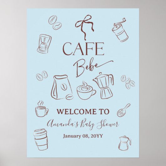 Coffee Theme Blue Bow Cafe Bebe Boy Baby Shower Poster (Voorkant)