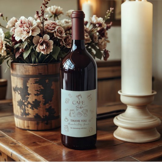 Coffee Theme Blue Bow Cafe Bebe Boy Baby Shower Wijn Etiket