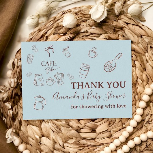 Coffee Theme Boy Blue Bow Cafe Bebe Baby Shower Bedankkaart