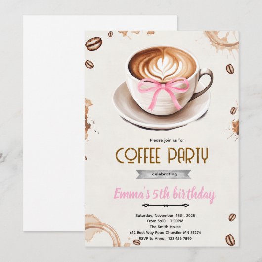 Coffee theme girl party invitation kaart (Voorkant / Achterkant)