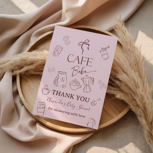 Coffee Theme Pink Bow Cafe Bebe Girl Baby Shower Bedankkaart