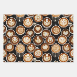 Coffee Themed Wrapping Paper Flat Sheet Set of 3