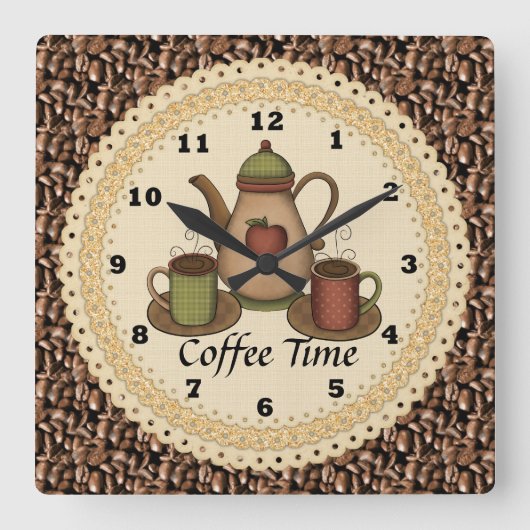 Coffee Time Clock Vierkante Klok (Voorkant)