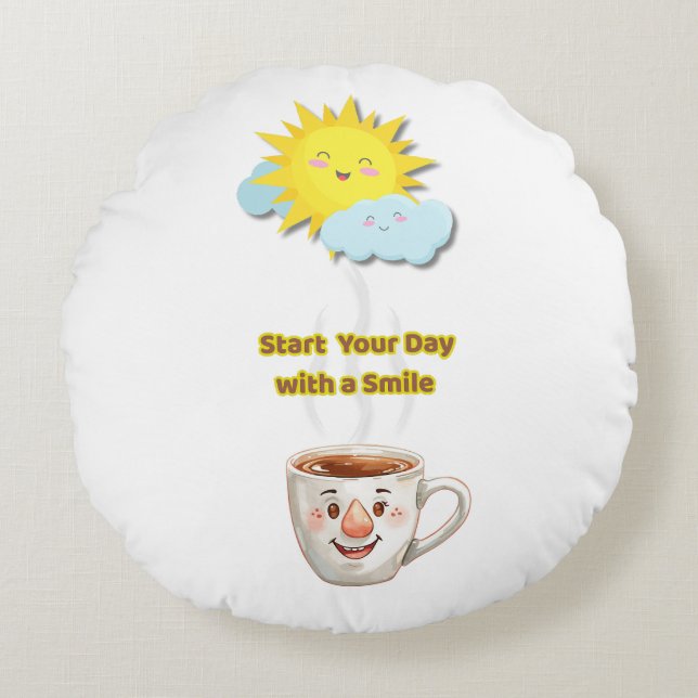 Coffee Time – Cute Smiling Cup Rond Kussen (Voorkant)