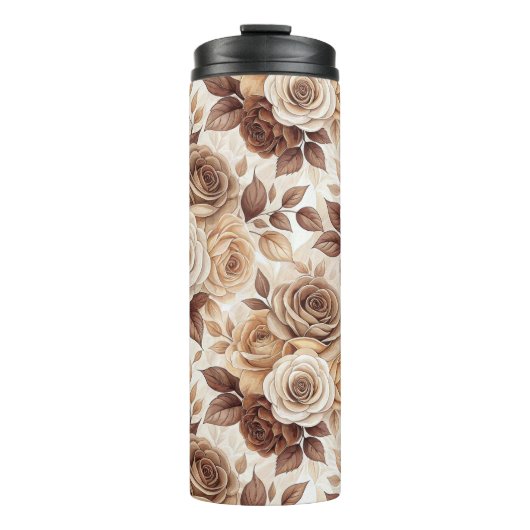 Coffee Tones Floral Roos Pattern Thermosbeker (Voorkant)