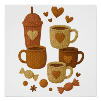 Coffee Valentine Day Love Knitted Hearts Hugs Perfect Poster