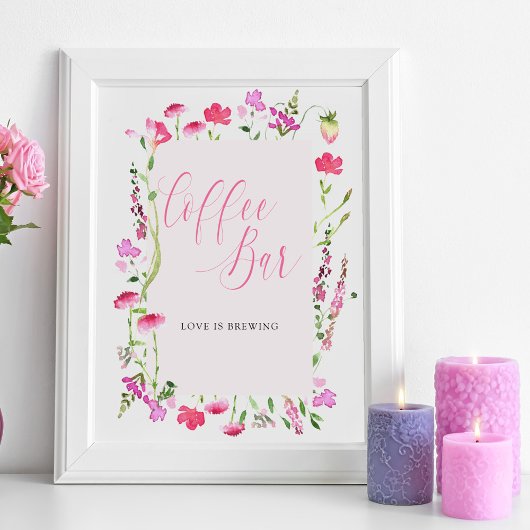 Coffeebar Roze Wilde Bloem Bruidsfeest Bord Poster