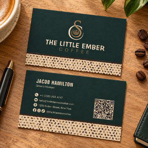 Coffeeshop QR-codeontwerp in diep groen en beige Visitekaartje