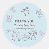 Coffeethema Blauwe Boog Cafe Bebe Jongen Baby Show Ronde Sticker (Voorkant)