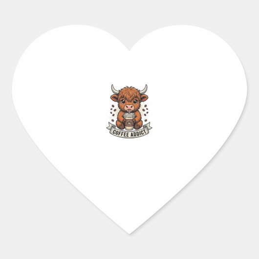 Coffeverslaafde Schattige Hoogland Koe Oude Gravur Hart Sticker (Voorkant)