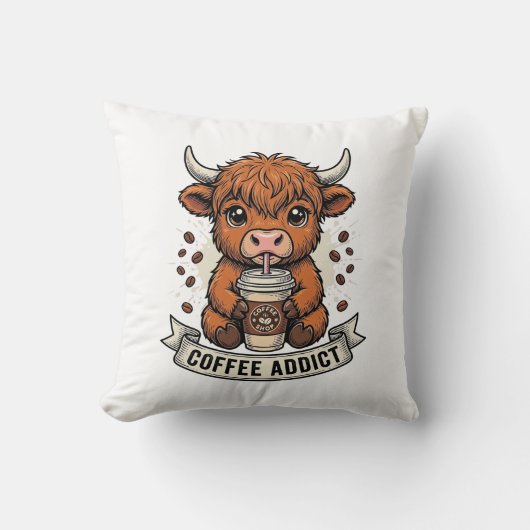 Coffeverslaafde Schattige Hoogland Koe Oude Gravur Kussen (Voorkant)