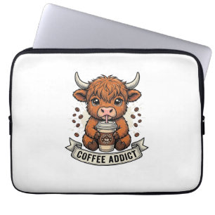 Coffeverslaafde Schattige Hoogland Koe Oude Gravur Laptop Sleeve