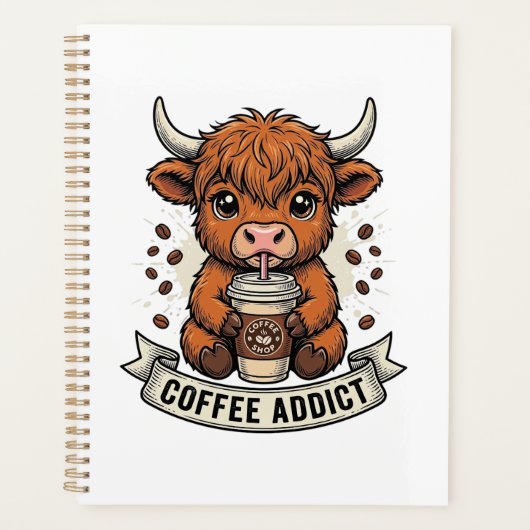 Coffeverslaafde Schattige Hoogland Koe Oude Gravur Planner (Voorkant)