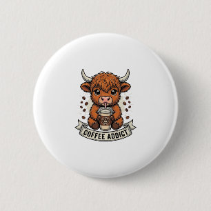 Coffeverslaafde Schattige Hoogland Koe Oude Gravur Ronde Button 5,7 Cm