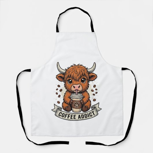Coffeverslaafde Schattige Hoogland Koe Oude Gravur Schort (Voorkant)