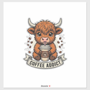 Coffeverslaafde Schattige Hoogland Koe Oude Gravur Sticker