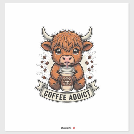 Coffeverslaafde Schattige Hoogland Koe Oude Gravur Sticker (Vel)