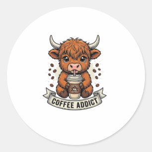 Coffie verslaafde Schattige Hoogland Koe Oude Grav Ronde Sticker