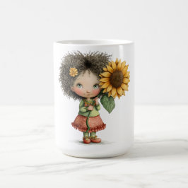 Coffiemok ontwerp van klein meisje dat zonnebloem  koffiemok