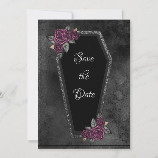 Coffin Black Grey Rozen Sparkle Halloween Save The Date (Voorkant)